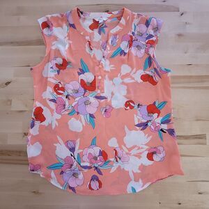 Women's Blouses Size M Cap Sleeve Floral Colorful Coastal Casual Orange Flowy